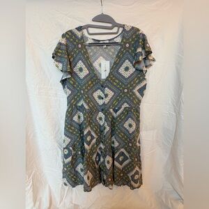 True Craft Women's Button Front Tiered Dress Empire Waist Blue Yellow Size XL